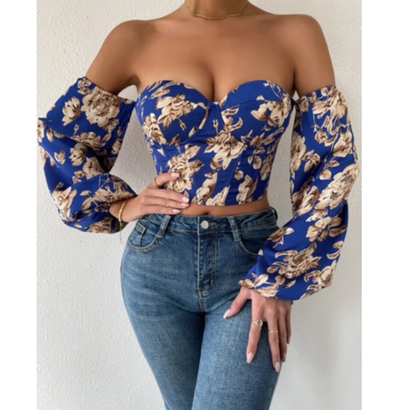 Boho blue  floral print lace up back satin bustier corset tube top - Picture 5 of 6